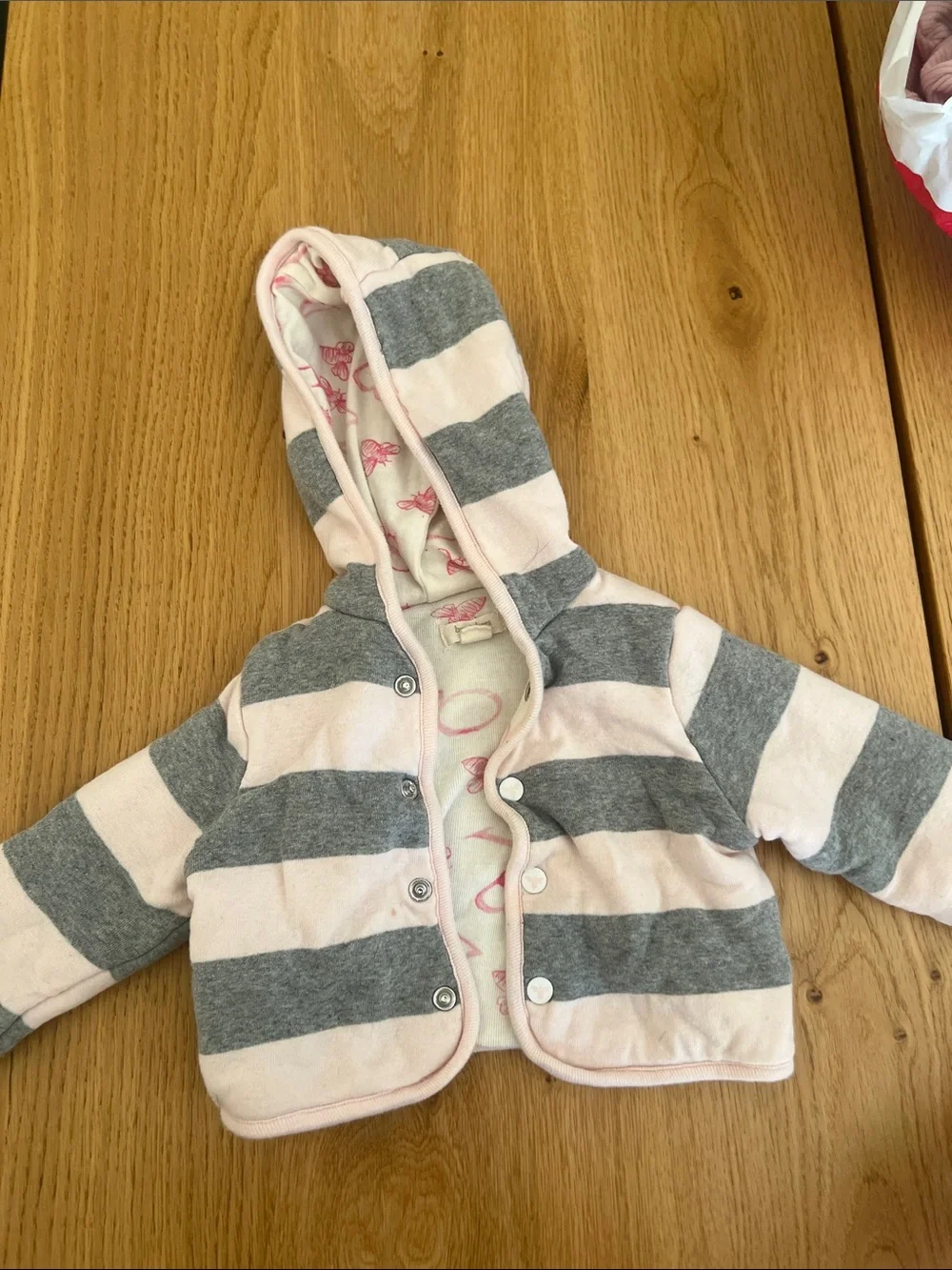 Burt's Bees Baby Pink and Gray Striped Hooded Jacket with Bunny Lining